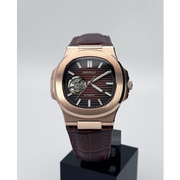 Custom Seiko Mod • Rose Gold Brown Open Heart Nautilus on Leather • 40mm